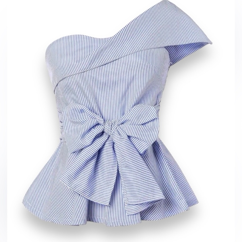 Women’s Asymmetric Neck Fold-over Shoulder Blue and White Stripe Blouse Size L
